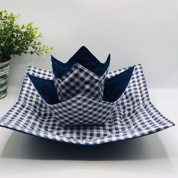 3 Piece Set of Microwave Cozies, Reversible Navy Blue Gingham, Plate, Bowl, Pint - Picture 1 of 10